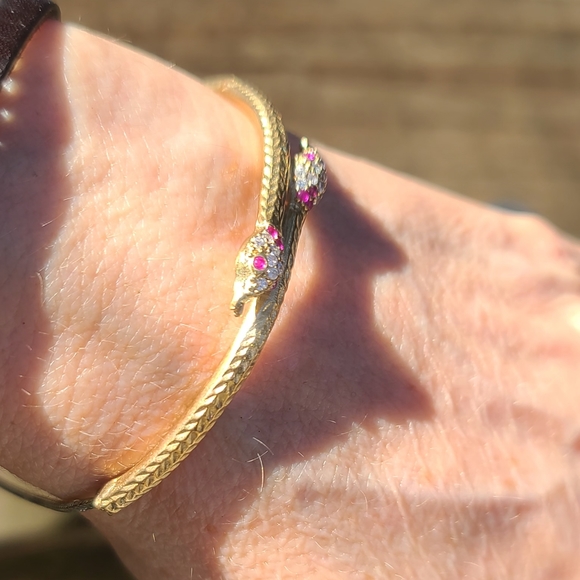 Topaz &Ruby Dual bronze Snake Adjustable .925 sterling Bracelet - Picture 6 of 12